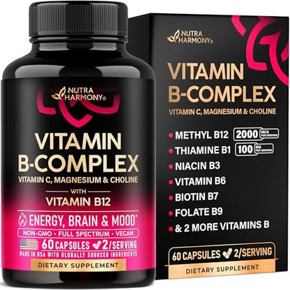 Vitamin B Komplex für Männer & Frauen - Riboflavin B2, B12, B1, B3, B5, B6, B7, B8, B9 | Vitamin C, Cholin, Inositol | B-Komplex Nahrungsergänzung | Energie, Gehirn & Herz Unterstützung | Laborgetestet | 60 Vegane Kapseln