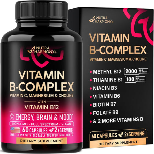 Vitamin B Komplex für Männer & Frauen - Riboflavin B2, B12, B1, B3, B5, B6, B7, B8, B9 | Vitamin C, Cholin, Inositol | B-Komplex Nahrungsergänzung | Energie, Gehirn & Herz Unterstützung | Laborgetestet | 60 Vegane Kapseln