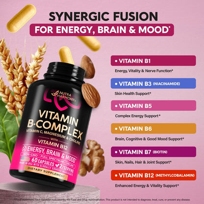 Vitamin B Komplex für Männer & Frauen - Riboflavin B2, B12, B1, B3, B5, B6, B7, B8, B9 | Vitamin C, Cholin, Inositol | B-Komplex Nahrungsergänzung | Energie, Gehirn & Herz Unterstützung | Laborgetestet | 60 Vegane Kapseln