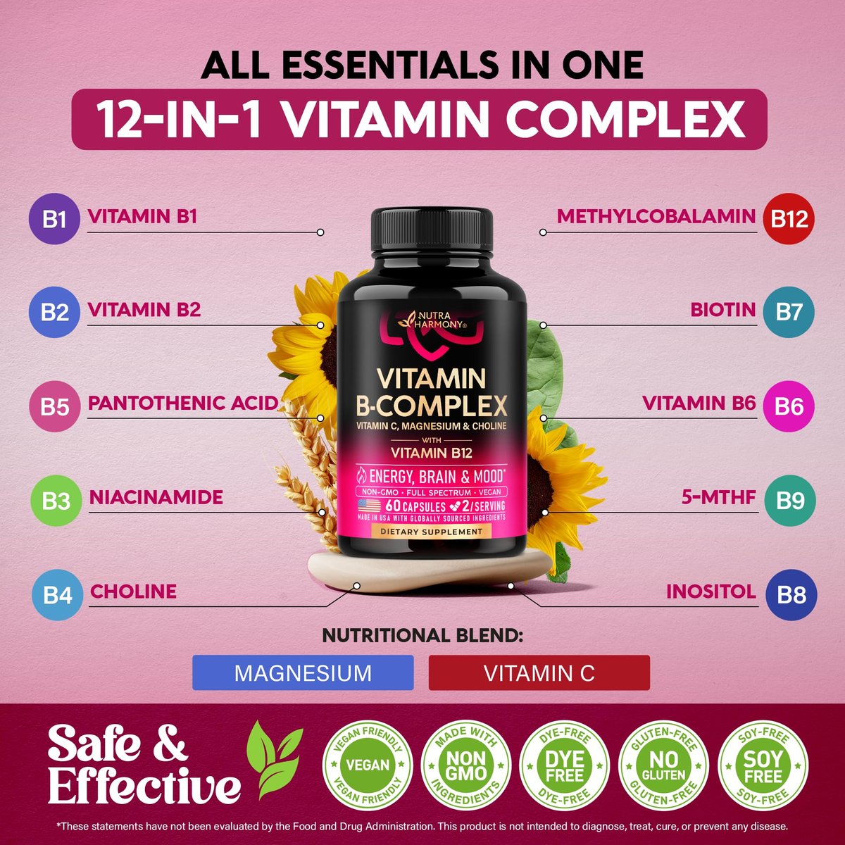 Vitamin B Komplex für Männer & Frauen - Riboflavin B2, B12, B1, B3, B5, B6, B7, B8, B9 | Vitamin C, Cholin, Inositol | B-Komplex Nahrungsergänzung | Energie, Gehirn & Herz Unterstützung | Laborgetestet | 60 Vegane Kapseln