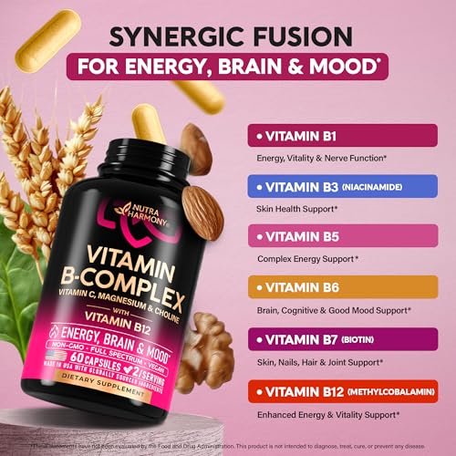 Vitamin B Komplex für Männer & Frauen - Riboflavin B2, B12, B1, B3, B5, B6, B7, B8, B9 | Vitamin C, Cholin, Inositol | B-Komplex Nahrungsergänzung | Energie, Gehirn & Herz Unterstützung | Laborgetestet | 60 Vegane Kapseln