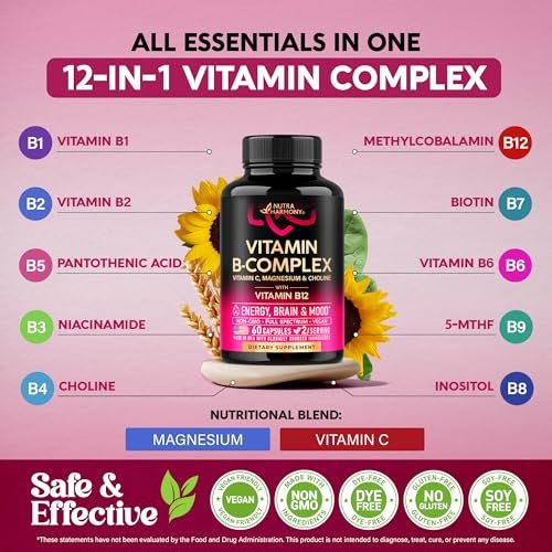 Vitamin B Komplex für Männer & Frauen - Riboflavin B2, B12, B1, B3, B5, B6, B7, B8, B9 | Vitamin C, Cholin, Inositol | B-Komplex Nahrungsergänzung | Energie, Gehirn & Herz Unterstützung | Laborgetestet | 60 Vegane Kapseln
