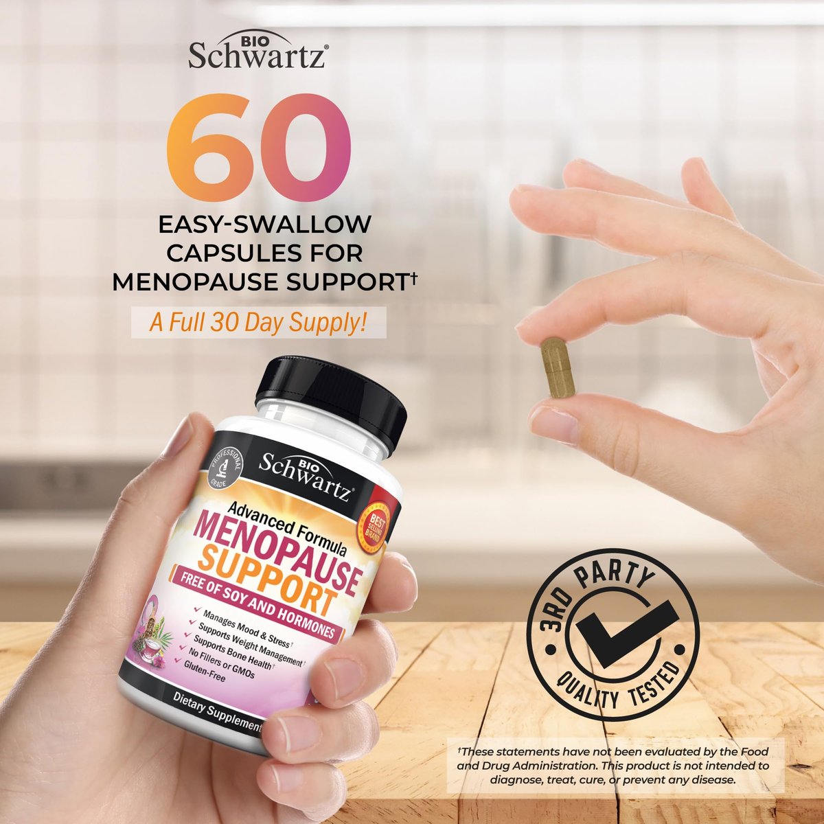 BioSchwartz Kräuter-Menopause-Unterstützung für Frauen – Fördert gesunde Stimmung und Balance mit Mariendistel, Mönchspfeffer, Traubensilberkerze, Rotklee, Kurkuma, Ingwer – 60 vegane Kapseln
