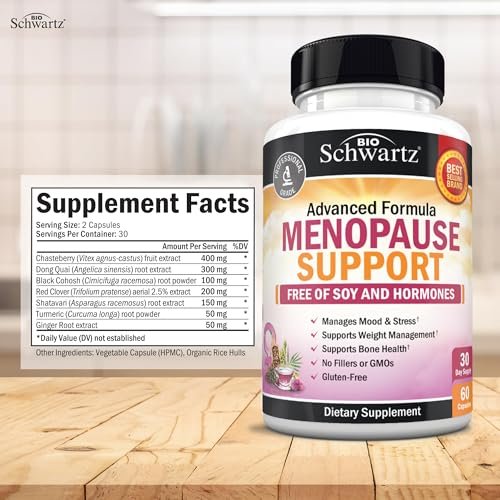 BioSchwartz Kräuter-Menopause-Unterstützung für Frauen – Fördert gesunde Stimmung und Balance mit Mariendistel, Mönchspfeffer, Traubensilberkerze, Rotklee, Kurkuma, Ingwer – 60 vegane Kapseln