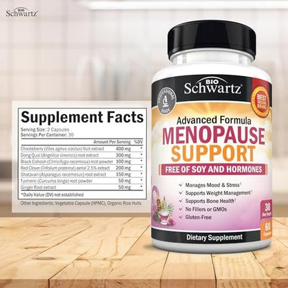 BioSchwartz Kräuter-Menopause-Unterstützung für Frauen – Fördert gesunde Stimmung und Balance mit Mariendistel, Mönchspfeffer, Traubensilberkerze, Rotklee, Kurkuma, Ingwer – 60 vegane Kapseln