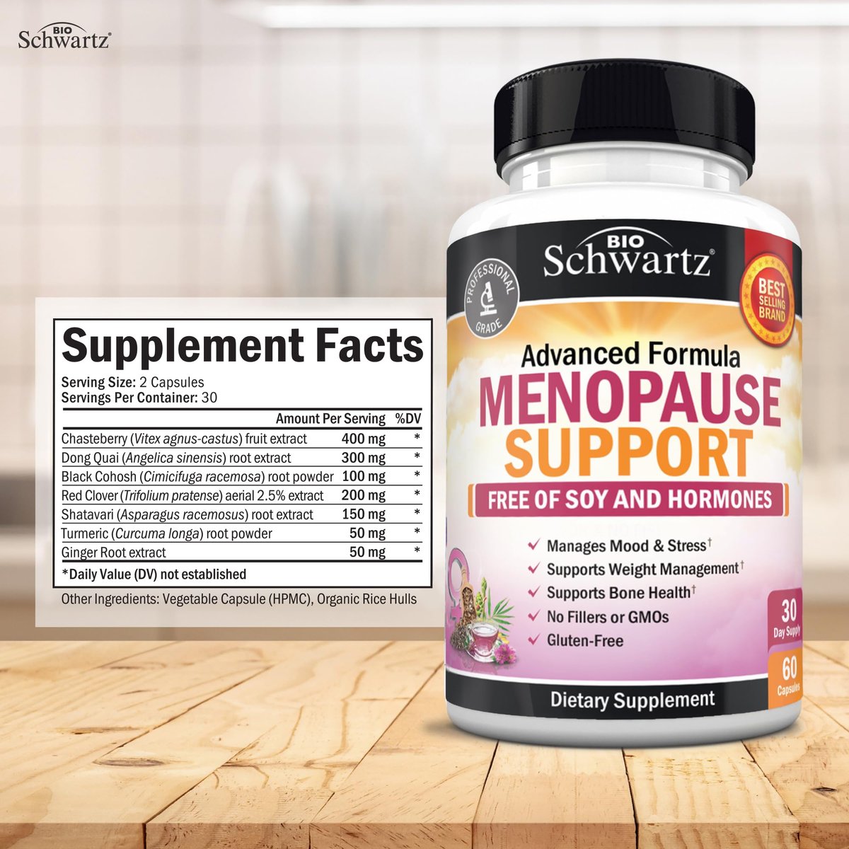 BioSchwartz Kräuter-Menopause-Unterstützung für Frauen – Fördert gesunde Stimmung und Balance mit Mariendistel, Mönchspfeffer, Traubensilberkerze, Rotklee, Kurkuma, Ingwer – 60 vegane Kapseln