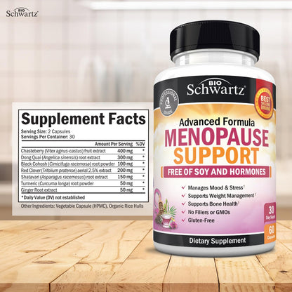 BioSchwartz Kräuter-Menopause-Unterstützung für Frauen – Fördert gesunde Stimmung und Balance mit Mariendistel, Mönchspfeffer, Traubensilberkerze, Rotklee, Kurkuma, Ingwer – 60 vegane Kapseln