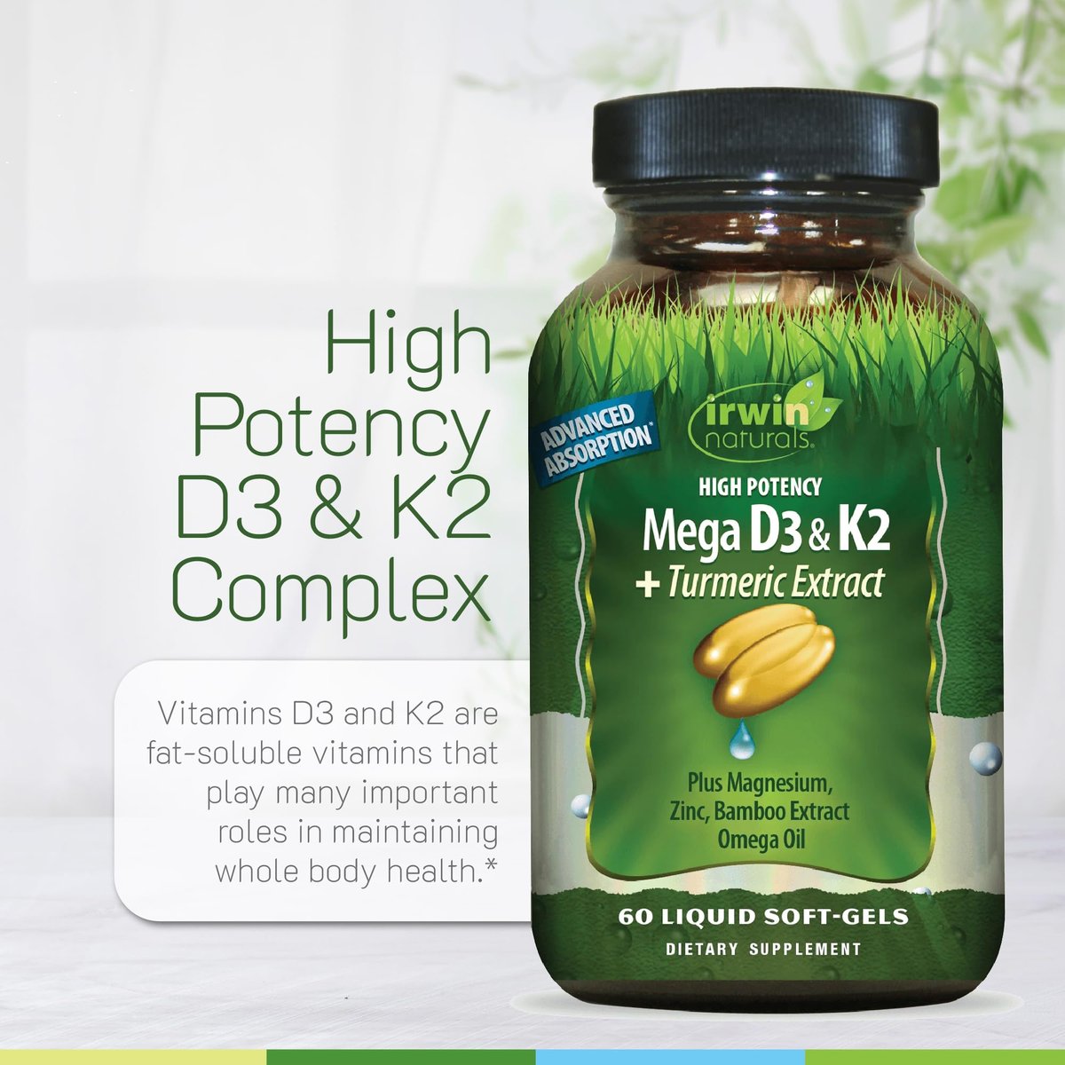 Irwin Naturals Hochdosiertes Mega D3 & K2 + Curcuma-Extrakt — 60 flüssige Weichkapseln