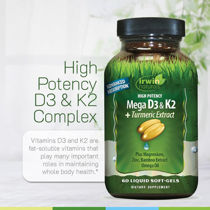Irwin Naturals Hochdosiertes Mega D3 & K2 + Curcuma-Extrakt — 60 flüssige Weichkapseln