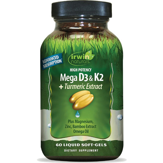 Irwin Naturals Hochdosiertes Mega D3 & K2 + Curcuma-Extrakt — 60 flüssige Weichkapseln