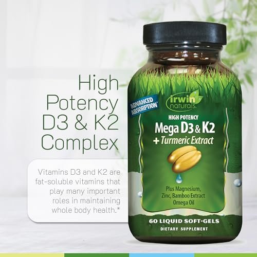 Irwin Naturals Hochdosiertes Mega D3 & K2 + Curcuma-Extrakt — 60 flüssige Weichkapseln