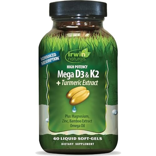 Irwin Naturals Hochdosiertes Mega D3 & K2 + Curcuma-Extrakt — 60 flüssige Weichkapseln