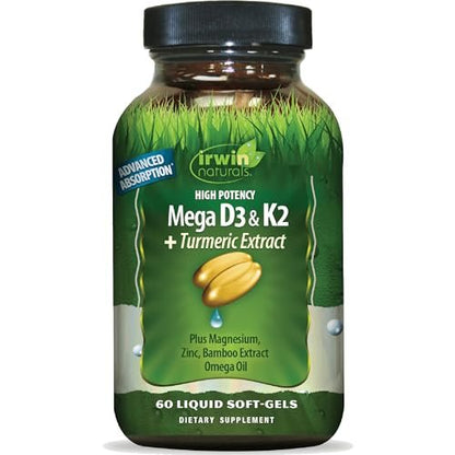 Irwin Naturals Hochdosiertes Mega D3 & K2 + Curcuma-Extrakt — 60 flüssige Weichkapseln