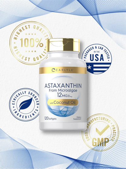 Carlyle Astaxanthin 12mg | 120 Softgels | Nahrungsergänzungsmittel aus Mikroalgen | mit Kokosöl | Non-GMO & Glutenfrei