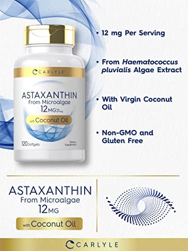 Carlyle Astaxanthin 12mg | 120 Softgels | Nahrungsergänzungsmittel aus Mikroalgen | mit Kokosöl | Non-GMO & Glutenfrei