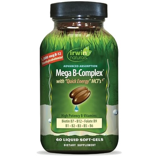 Irwin Naturals Mega B-Komplex – 60 flüssige Softgels – Vitamin-B-Komplex mit Vitamin B12, Folsäure B9, Biotin B7, B1, B2, B3, B5, B6 und MCTs für schnelle Energie