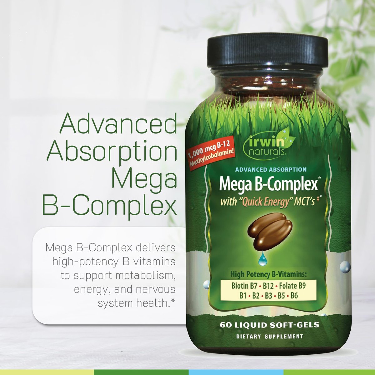 Irwin Naturals Mega B-Komplex – 60 flüssige Softgels – Vitamin-B-Komplex mit Vitamin B12, Folsäure B9, Biotin B7, B1, B2, B3, B5, B6 und MCTs für schnelle Energie