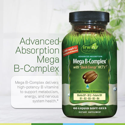 Irwin Naturals Mega B-Komplex – 60 flüssige Softgels – Vitamin-B-Komplex mit Vitamin B12, Folsäure B9, Biotin B7, B1, B2, B3, B5, B6 und MCTs für schnelle Energie