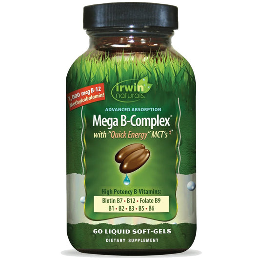 Irwin Naturals Mega B-Komplex – 60 flüssige Softgels – Vitamin-B-Komplex mit Vitamin B12, Folsäure B9, Biotin B7, B1, B2, B3, B5, B6 und MCTs für schnelle Energie