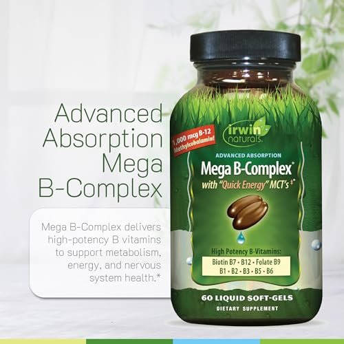 Irwin Naturals Mega B-Komplex – 60 flüssige Softgels – Vitamin-B-Komplex mit Vitamin B12, Folsäure B9, Biotin B7, B1, B2, B3, B5, B6 und MCTs für schnelle Energie