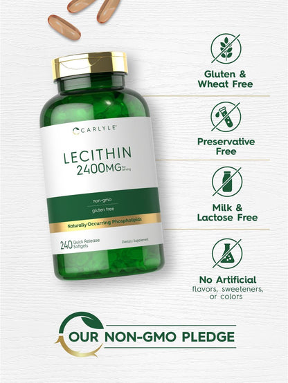 Carlyle Lecithin Nahrungsergänzungsmittel | 2400 mg | 240 Weichkapseln | mit natürlich vorkommendem Phospholipid | Non-GMO, Glutenfrei