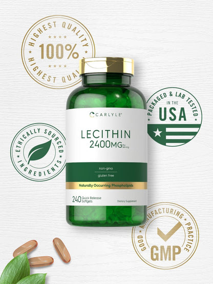Carlyle Lecithin Nahrungsergänzungsmittel | 2400 mg | 240 Weichkapseln | mit natürlich vorkommendem Phospholipid | Non-GMO, Glutenfrei