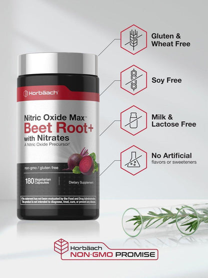 Horbäach Rote Bete Nitric Oxide Kapseln | 180 Kapseln | mit Nitraten und Vorstufen | für Männer und Frauen | Vegetarisch, Nicht-GVO, Glutenfrei