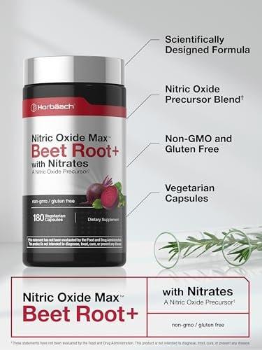 Horbäach Rote Bete Nitric Oxide Kapseln | 180 Kapseln | mit Nitraten und Vorstufen | für Männer und Frauen | Vegetarisch, Nicht-GVO, Glutenfrei