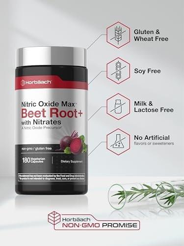 Horbäach Rote Bete Nitric Oxide Kapseln | 180 Kapseln | mit Nitraten und Vorstufen | für Männer und Frauen | Vegetarisch, Nicht-GVO, Glutenfrei