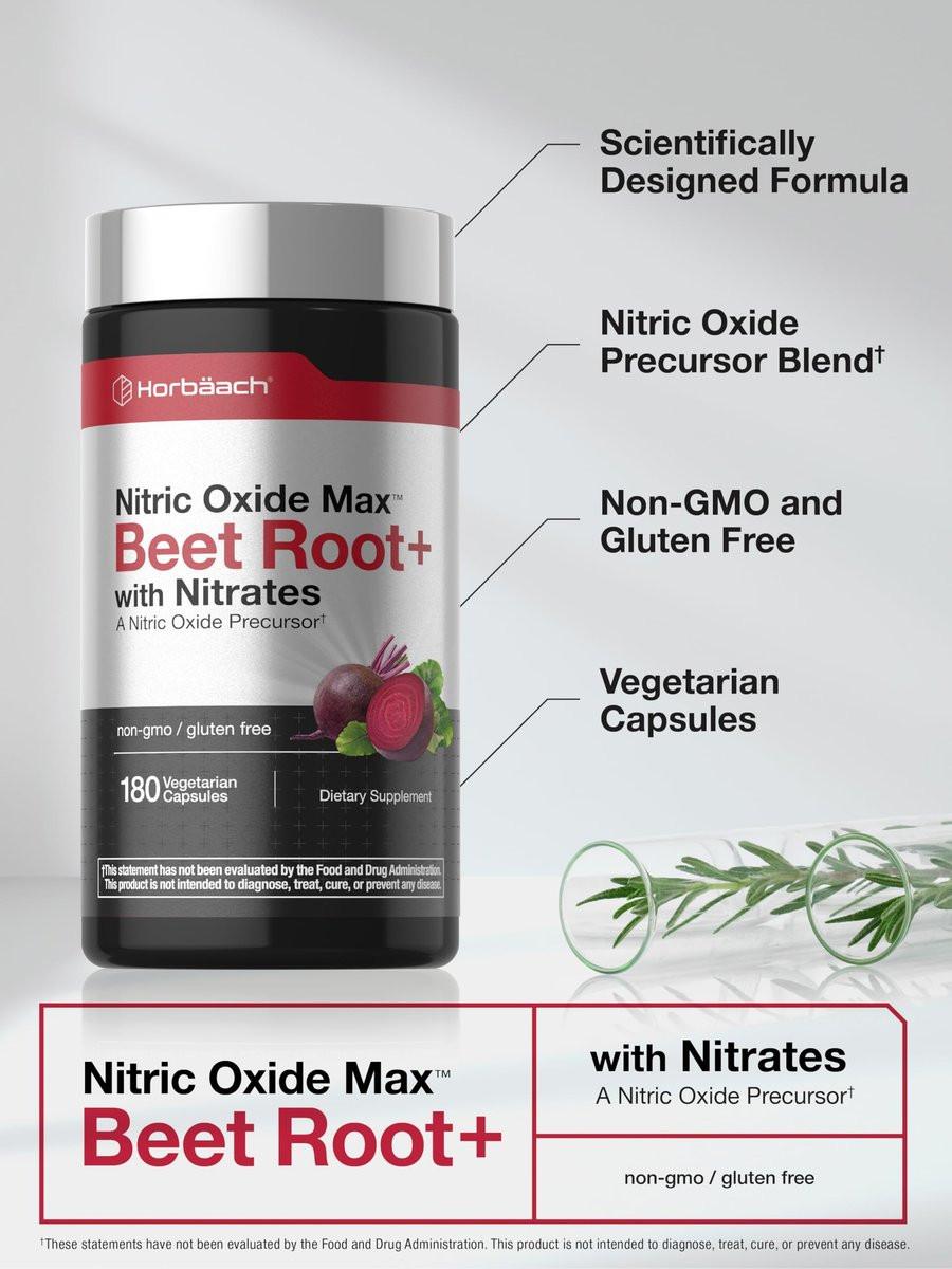 Horbäach Rote Bete Nitric Oxide Kapseln | 180 Kapseln | mit Nitraten und Vorstufen | für Männer und Frauen | Vegetarisch, Nicht-GVO, Glutenfrei