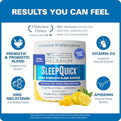 Relaxium SleepQuick Gummies – Schlafhilfe mit 5 mg Melatonin, Vitamin D-3, Präbiotika & Probiotika, für Darmgesundheit & Immunsystem, glutenfrei, ohne Arzneimittel, Zitronengeschmack, 60 Gummis