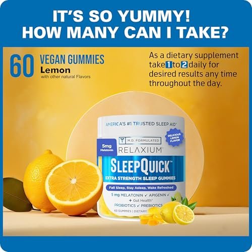 Relaxium SleepQuick Gummies – Schlafhilfe mit 5 mg Melatonin, Vitamin D-3, Präbiotika & Probiotika, für Darmgesundheit & Immunsystem, glutenfrei, ohne Arzneimittel, Zitronengeschmack, 60 Gummis