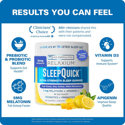 Relaxium SleepQuick Gummies – Schlafhilfe mit 5 mg Melatonin, Vitamin D-3, Präbiotika & Probiotika, für Darmgesundheit & Immunsystem, glutenfrei, ohne Arzneimittel, Zitronengeschmack, 60 Gummis