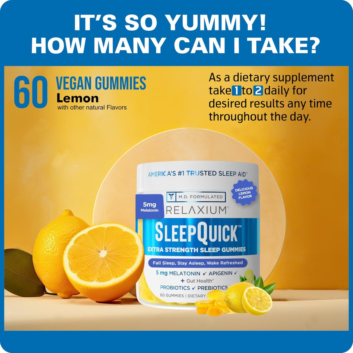 Relaxium SleepQuick Gummies – Schlafhilfe mit 5 mg Melatonin, Vitamin D-3, Präbiotika & Probiotika, für Darmgesundheit & Immunsystem, glutenfrei, ohne Arzneimittel, Zitronengeschmack, 60 Gummis