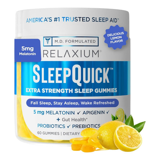 Relaxium SleepQuick Gummies – Schlafhilfe mit 5 mg Melatonin, Vitamin D-3, Präbiotika & Probiotika, für Darmgesundheit & Immunsystem, glutenfrei, ohne Arzneimittel, Zitronengeschmack, 60 Gummis