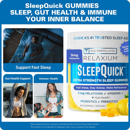 Relaxium SleepQuick Gummies – Schlafhilfe mit 5 mg Melatonin, Vitamin D-3, Präbiotika & Probiotika, für Darmgesundheit & Immunsystem, glutenfrei, ohne Arzneimittel, Zitronengeschmack, 60 Gummis