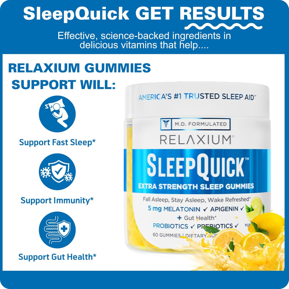 Relaxium SleepQuick Gummies – Schlafhilfe mit 5 mg Melatonin, Vitamin D-3, Präbiotika & Probiotika, für Darmgesundheit & Immunsystem, glutenfrei, ohne Arzneimittel, Zitronengeschmack, 60 Gummis