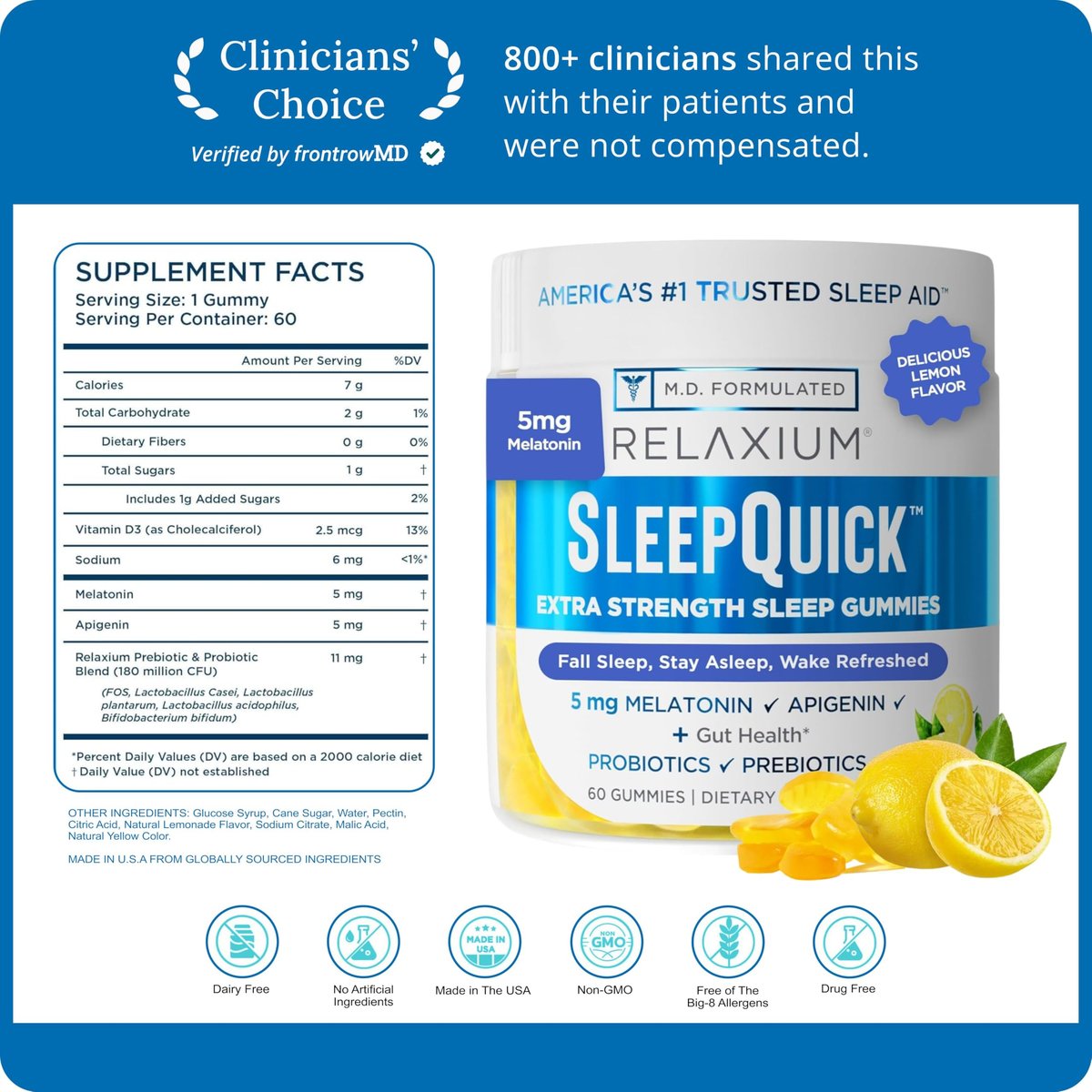 Relaxium SleepQuick Gummies – Schlafhilfe mit 5 mg Melatonin, Vitamin D-3, Präbiotika & Probiotika, für Darmgesundheit & Immunsystem, glutenfrei, ohne Arzneimittel, Zitronengeschmack, 60 Gummis