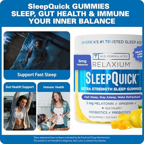 Relaxium SleepQuick Gummies – Schlafhilfe mit 5 mg Melatonin, Vitamin D-3, Präbiotika & Probiotika, für Darmgesundheit & Immunsystem, glutenfrei, ohne Arzneimittel, Zitronengeschmack, 60 Gummis