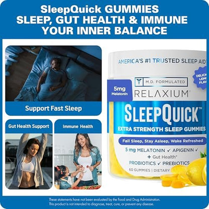 Relaxium SleepQuick Gummies – Schlafhilfe mit 5 mg Melatonin, Vitamin D-3, Präbiotika & Probiotika, für Darmgesundheit & Immunsystem, glutenfrei, ohne Arzneimittel, Zitronengeschmack, 60 Gummis