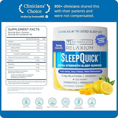Relaxium SleepQuick Gummies – Schlafhilfe mit 5 mg Melatonin, Vitamin D-3, Präbiotika & Probiotika, für Darmgesundheit & Immunsystem, glutenfrei, ohne Arzneimittel, Zitronengeschmack, 60 Gummis