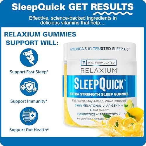 Relaxium SleepQuick Gummies – Schlafhilfe mit 5 mg Melatonin, Vitamin D-3, Präbiotika & Probiotika, für Darmgesundheit & Immunsystem, glutenfrei, ohne Arzneimittel, Zitronengeschmack, 60 Gummis