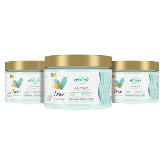 Dove Body Love Body Polish Exfoliate Away 3er-Pack – Körperpeeling mit AHAs für glatte, seidige Haut bei rauer, unebener Haut, 12 oz