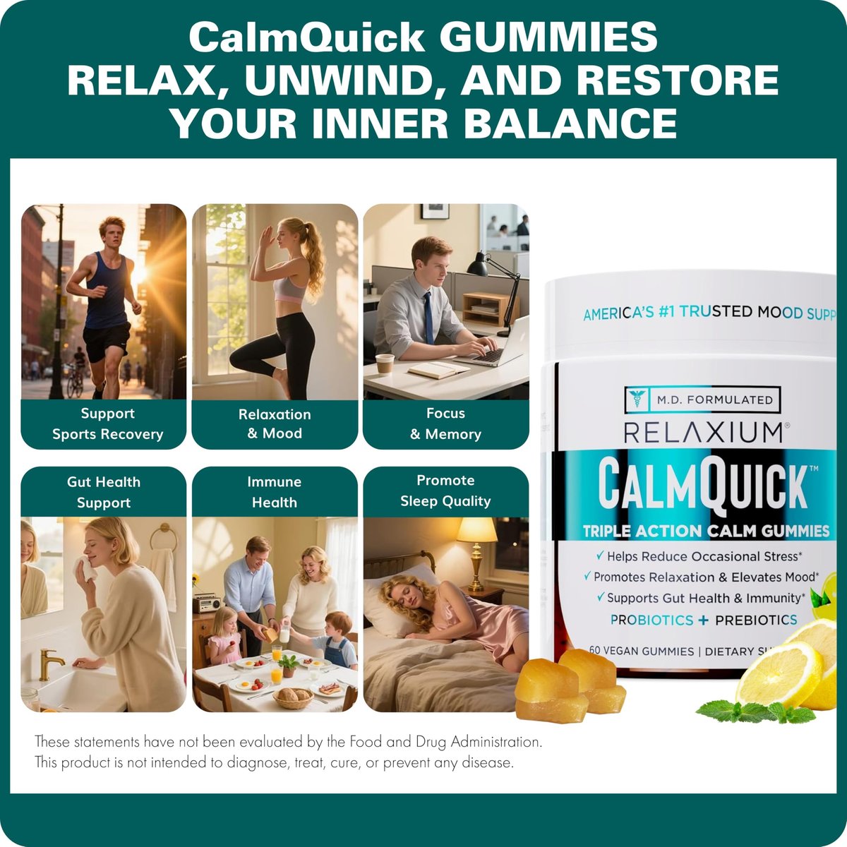 Relaxium Calm Gummies – Ruhe, Darmgesundheit & Immununterstützung, entwickelt in den USA, mit Vitamin B6, Magnesium, L-Theanin + Präbiotikum & Probiotikum, Zitronengeschmack, 60 Gummis