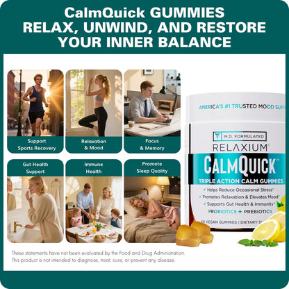Relaxium Calm Gummies – Ruhe, Darmgesundheit & Immununterstützung, entwickelt in den USA, mit Vitamin B6, Magnesium, L-Theanin + Präbiotikum & Probiotikum, Zitronengeschmack, 60 Gummis