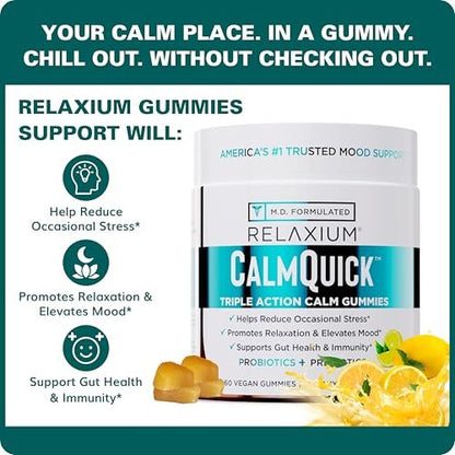 Relaxium Calm Gummies – Ruhe, Darmgesundheit & Immununterstützung, entwickelt in den USA, mit Vitamin B6, Magnesium, L-Theanin + Präbiotikum & Probiotikum, Zitronengeschmack, 60 Gummis