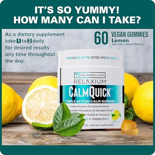 Relaxium Calm Gummies – Ruhe, Darmgesundheit & Immununterstützung, entwickelt in den USA, mit Vitamin B6, Magnesium, L-Theanin + Präbiotikum & Probiotikum, Zitronengeschmack, 60 Gummis