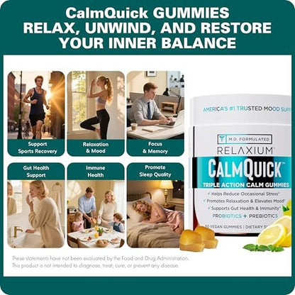 Relaxium Calm Gummies – Ruhe, Darmgesundheit & Immununterstützung, entwickelt in den USA, mit Vitamin B6, Magnesium, L-Theanin + Präbiotikum & Probiotikum, Zitronengeschmack, 60 Gummis
