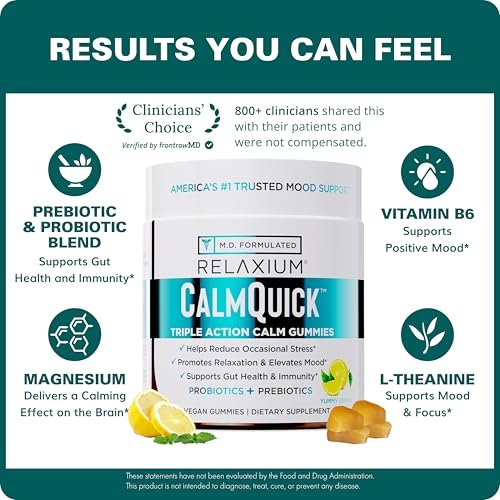 Relaxium Calm Gummies – Ruhe, Darmgesundheit & Immununterstützung, entwickelt in den USA, mit Vitamin B6, Magnesium, L-Theanin + Präbiotikum & Probiotikum, Zitronengeschmack, 60 Gummis