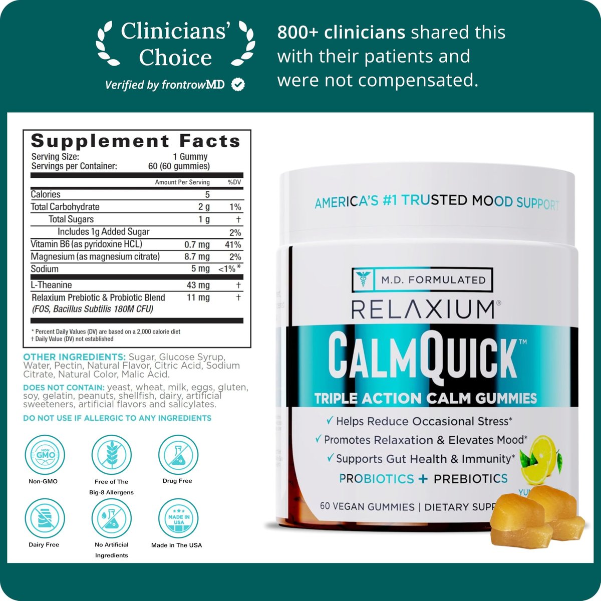 Relaxium Calm Gummies – Ruhe, Darmgesundheit & Immununterstützung, entwickelt in den USA, mit Vitamin B6, Magnesium, L-Theanin + Präbiotikum & Probiotikum, Zitronengeschmack, 60 Gummis